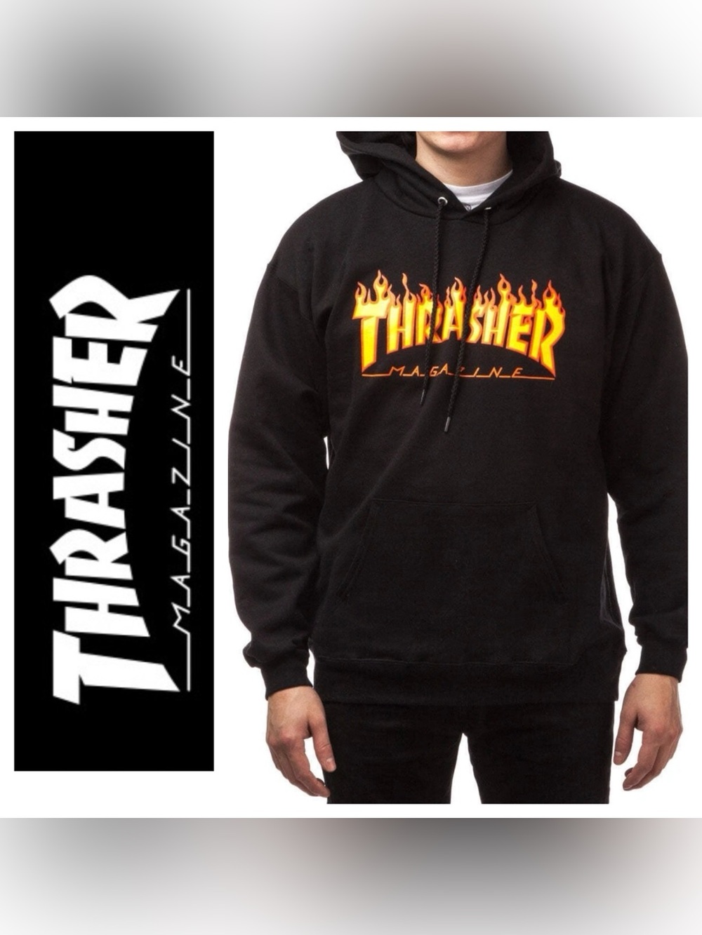 Thrasher Black Hoodie with Yellow-Orange Flame Logo Size Large